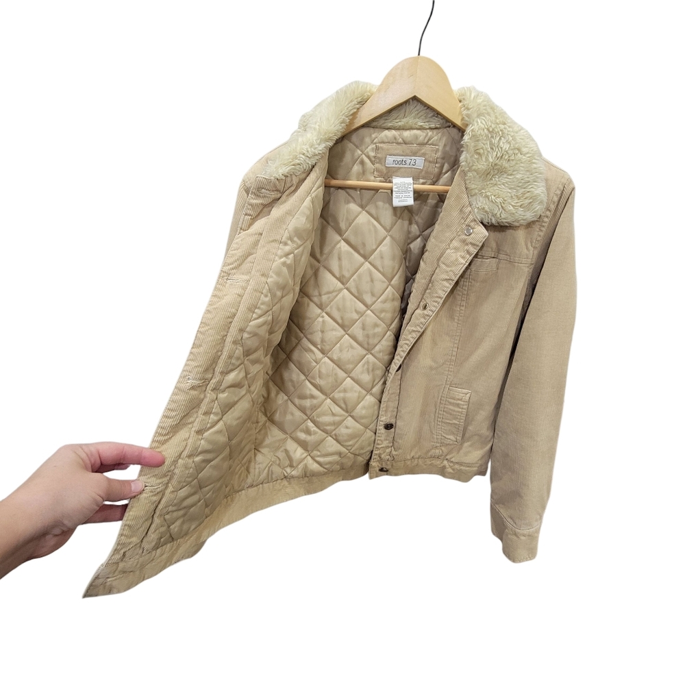 Roots 73 Corduroy Sherpa Collar Trucker Jacket Tan Quilted Lined Barn Women’s L - Picture 7 of 16